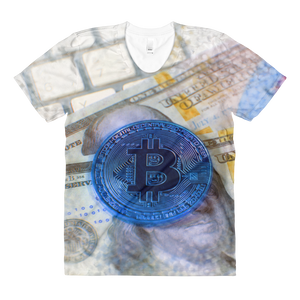 Bitcoin On $100 // Ultra Light All-Over Printed Women’s T-shirt // Is Life Apparel - Is Life Apparel