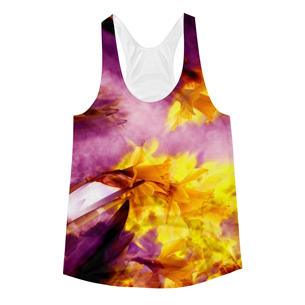 Narcissus Yellow & Pink // Ultra Light All-Over Printed Women's Racerback Tank // Is Life Apparel - Is Life Apparel