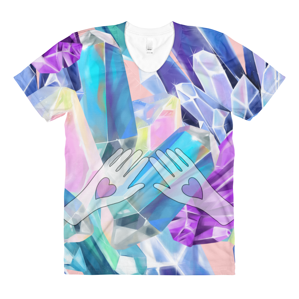 Crystals with Hearts // Ultra Light All-Over Printed Women’s T-shirt // Is Life Apparel - Is Life Apparel
